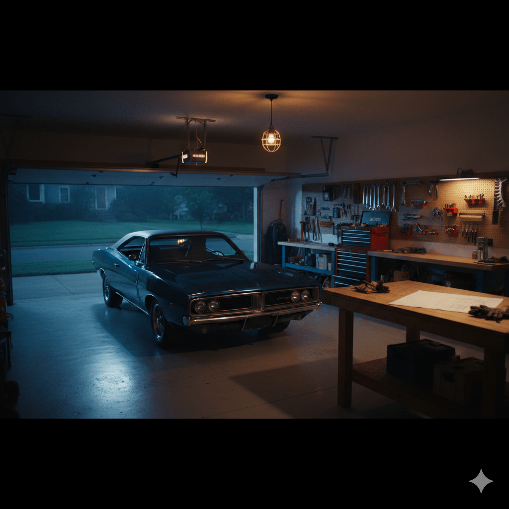 A high-contrast photo of a clean, organized garage at night. The space is orderly and calm, representing a personal sanctuary reclaimed from a long day of hard work