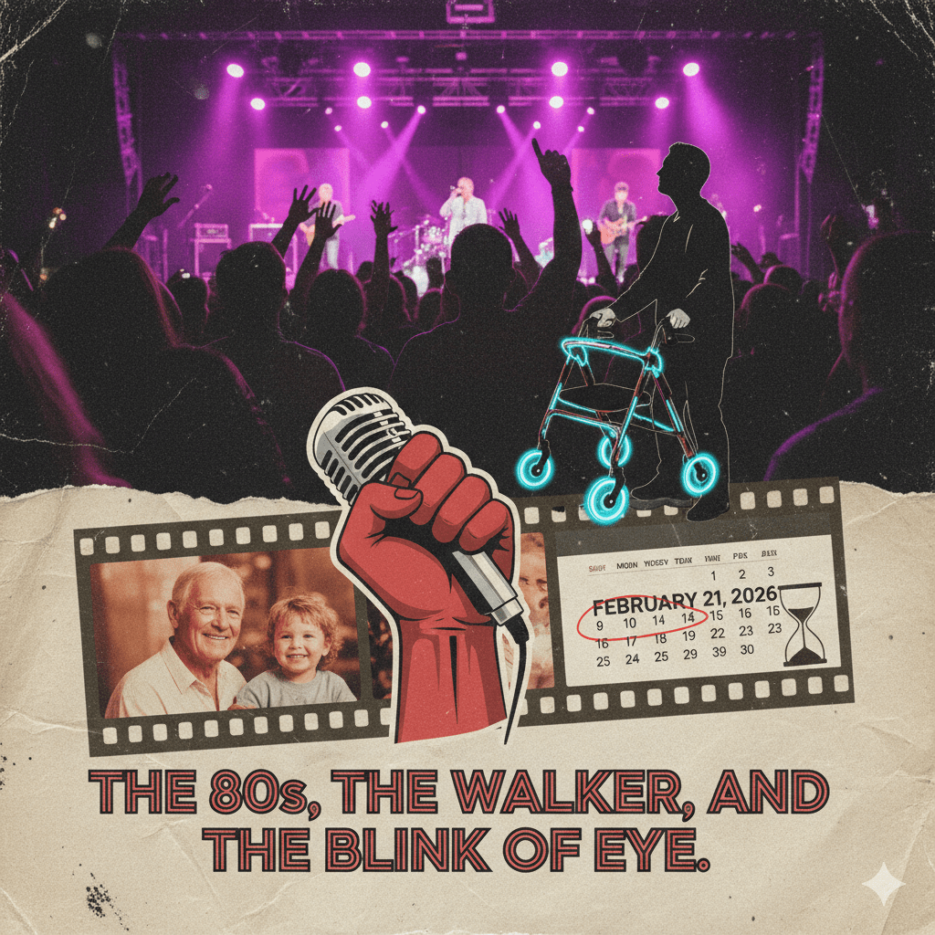 A nostalgic collage featuring a silhouettes of a concert crowd under purple stage lights, a man using a walker in the foreground, and film strips showing an older man with a child alongside a calendar marked February 2026. The center features a red fist holding a microphone with the title "The 80s, the Walker, and the Blink of an Eye" in retro typography.