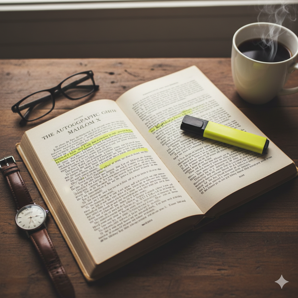 A close-up of 'The Autobiography of Malcolm X' on a dark wood surface. A classic wristwatch and a yellow highlighter lie next to the book, symbolizing the lessons of time and active reading
