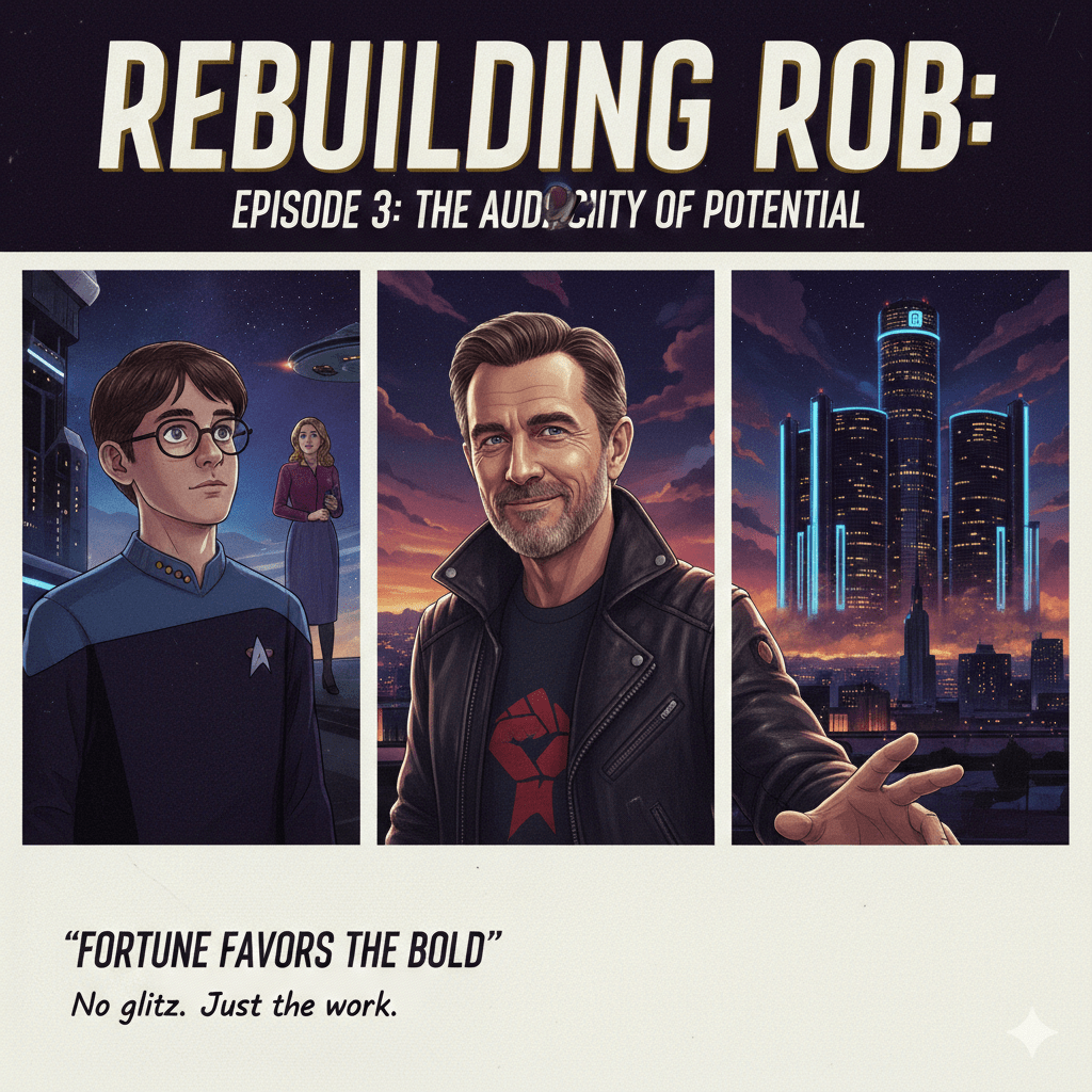 A three-panel "Artist Rendering" triptych. The left panel shows a young boy in a Starfleet uniform looking at a UFO; the center panel is a portrait of an older man with a salt-and-pepper beard in a leather jacket; the right panel shows a hand reaching toward the illuminated Detroit Renaissance Center at dusk. Text at the top reads "Rebuilding Rob: Episode 3" and the bottom reads "Fortune Favors the Bold."
