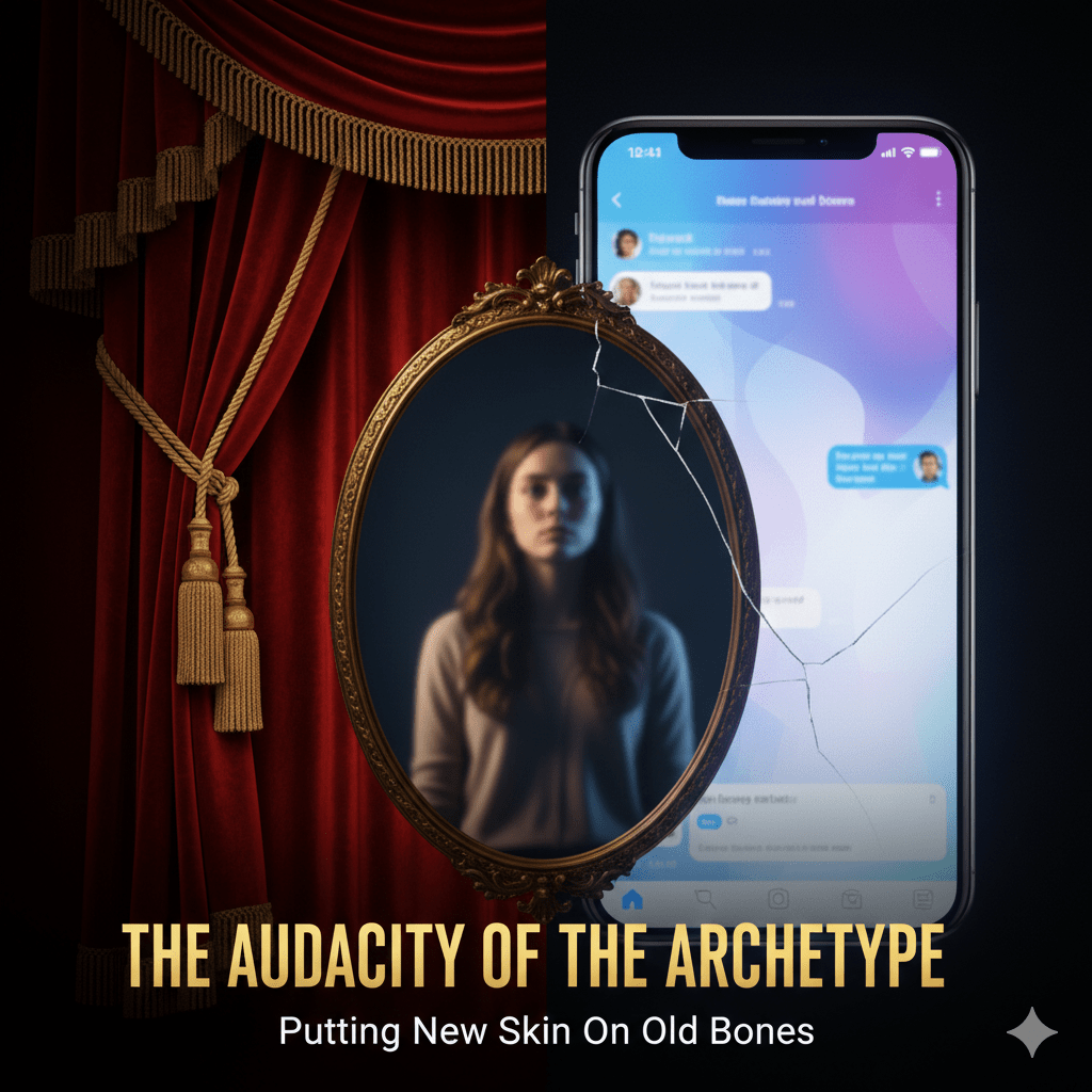 A conceptual image showing a vintage red velvet theater curtain on the left merging into a sleek, glowing smartphone screen on the right. In the middle, a faint, mirrored reflection of a person looking at both, representing the intersection of classic storytelling and modern digital drama.