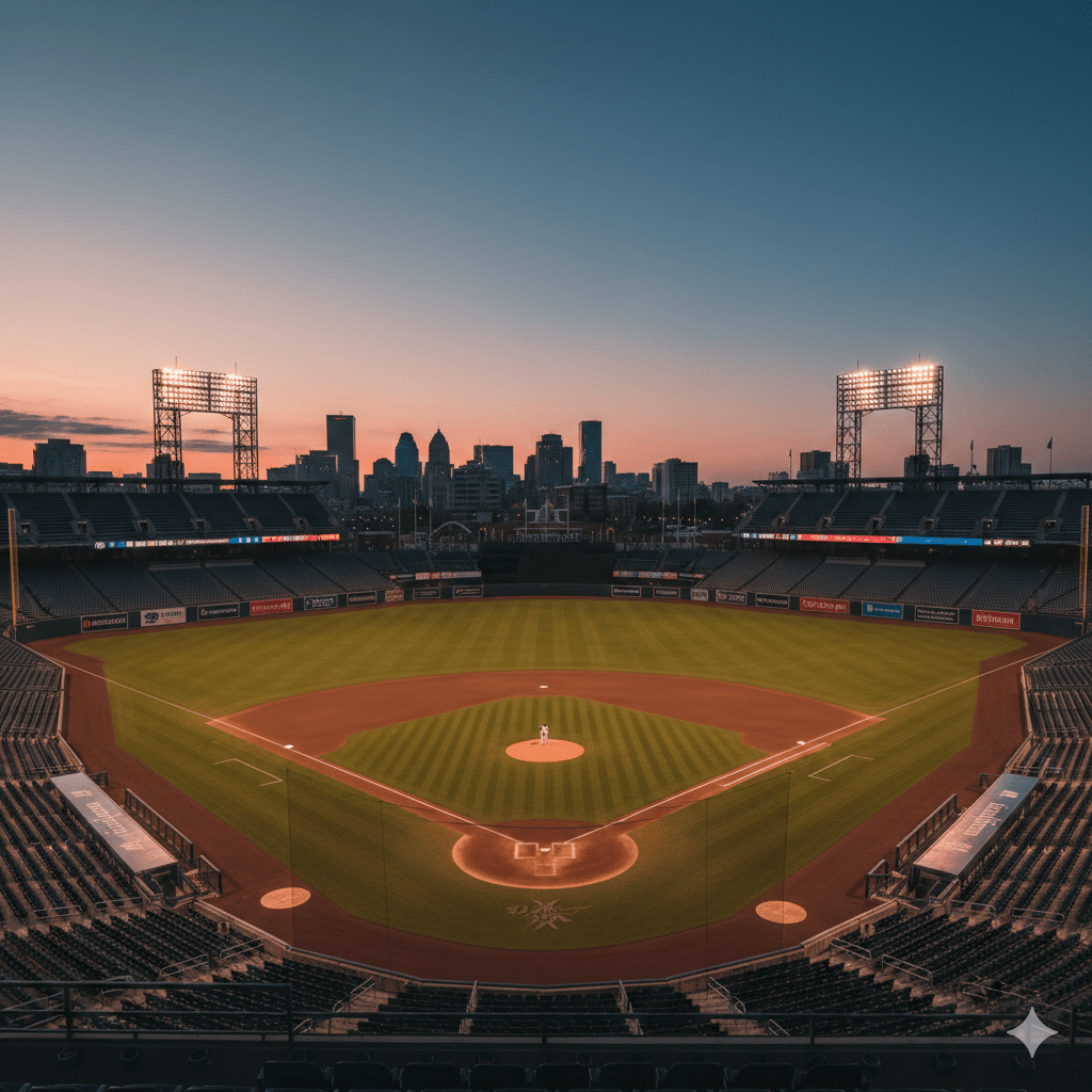 A scenic view of an MLB stadium at sunset, with the green grass of the diamond glowing under the stadium lights, representing the "four walls" of peace during a summer road trip.