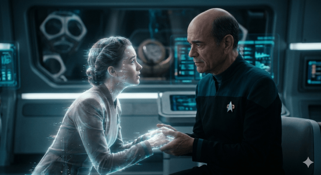 A cinematic medium shot of a sci-fi medical bay. On the right, an older man with a kind, weathered face (resembling the Doctor from Star Trek) wearing a dark Starfleet uniform sits leaned forward. He is holding the hands of a young woman on the left. The young woman is a holographic entity, her image shimmering with blue light and visible digital "glitches" or data-streams across her face and body. The background is a soft-focus laboratory with glowing blue monitors. The lighting is intimate and cool-toned.