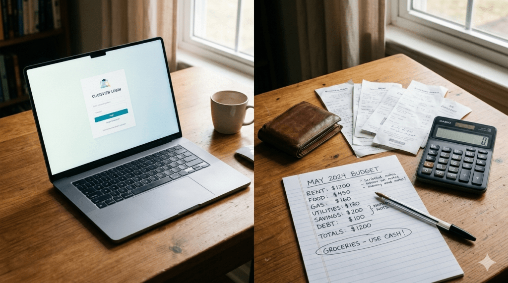 A split-perspective photo of a wooden desk in the early morning light. On the left, a bright laptop screen represents the digital classroom. On the right, tactile items like a wallet, a calculator, and a handwritten budget sheet represent practical life skills.
