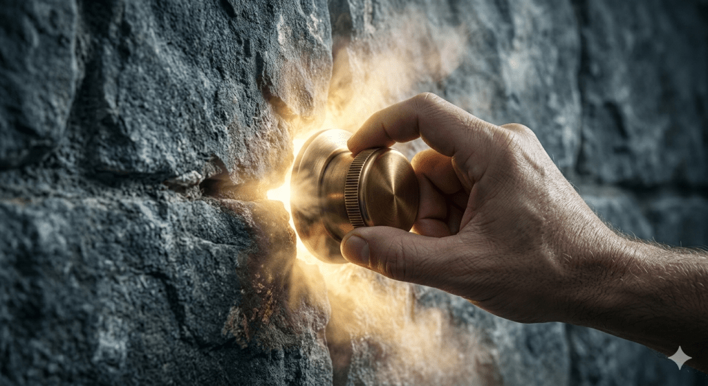 A cinematic close-up photograph of a strong, purposeful hand turning a large, vintage brass volume knob embedded in a dark, weathered stone wall. From around the turning dial, warm golden light and vapor burst forth, symbolizing the powerful release of a built-up 'pressure valve.' The lighting is dramatic, highlighting the texture of the stone and the radiant light of a voice being reclaimed.