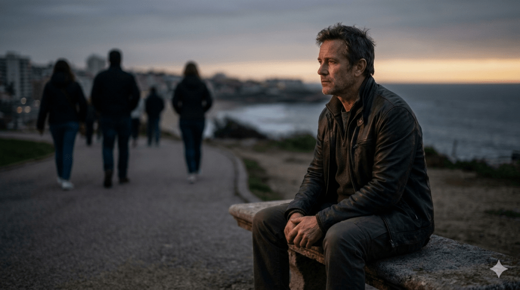 A high-contrast, cinematic photo of a solitary, pensive man sitting calmly on a weathered stone bench at dusk. He is looking toward a faint, warm horizon, while blurry figures in the background walk in the opposite direction along a coastal path. The atmosphere is reflective and peaceful.