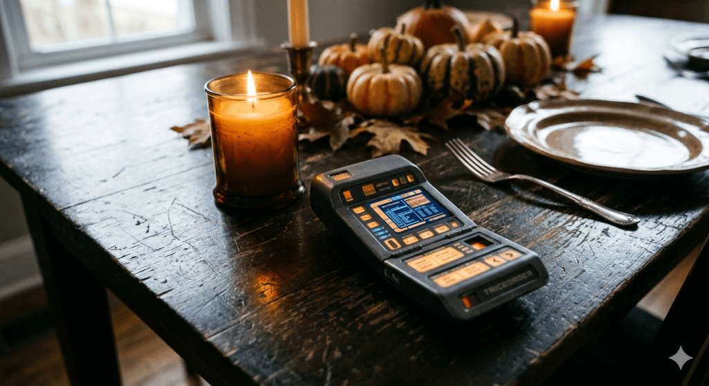 A close-up, low-angle shot of a glowing handheld scanner resting on a rustic wooden table. In the soft-focus background, the warm amber glow of a holiday candle flickers, symbolizing the contrast between modern intuition and past memories.