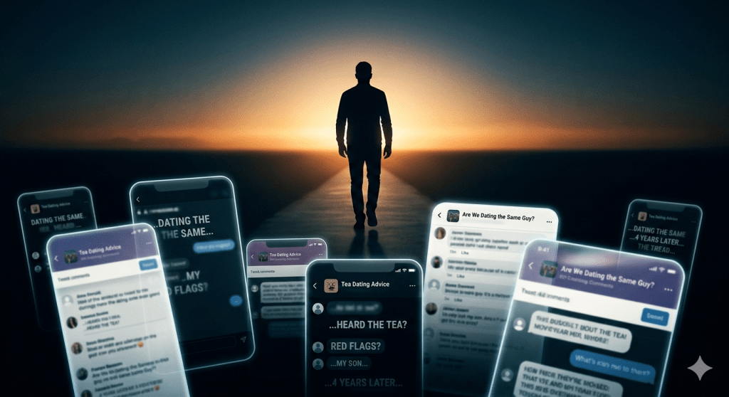 Digital illustration of a man walking toward a sunset, contrasted with glowing smartphone screens in the foreground representing social media gossip and privacy in the digital age.