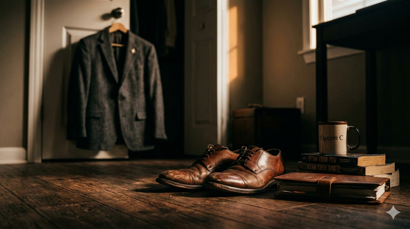 A cinematic, low-angle shot of a dimly lit room at dawn. In the foreground, a pair of well-worn, scuffed brown leather dress shoes sit on a dark hardwood floor, showing the visible wear of years of service. To the right, a small stack of books—including titles that nod to Star Trek—rests next to a weathered leather journal and a coffee mug labeled "Option C." In the soft-focus background, a grey tweed blazer, or "Teacher Armor," hangs on the back of a door, illuminated by a sliver of warm morning light hitting the wall. The atmosphere is quiet, reflective, and heavy with the theme of quiet sacrifice.