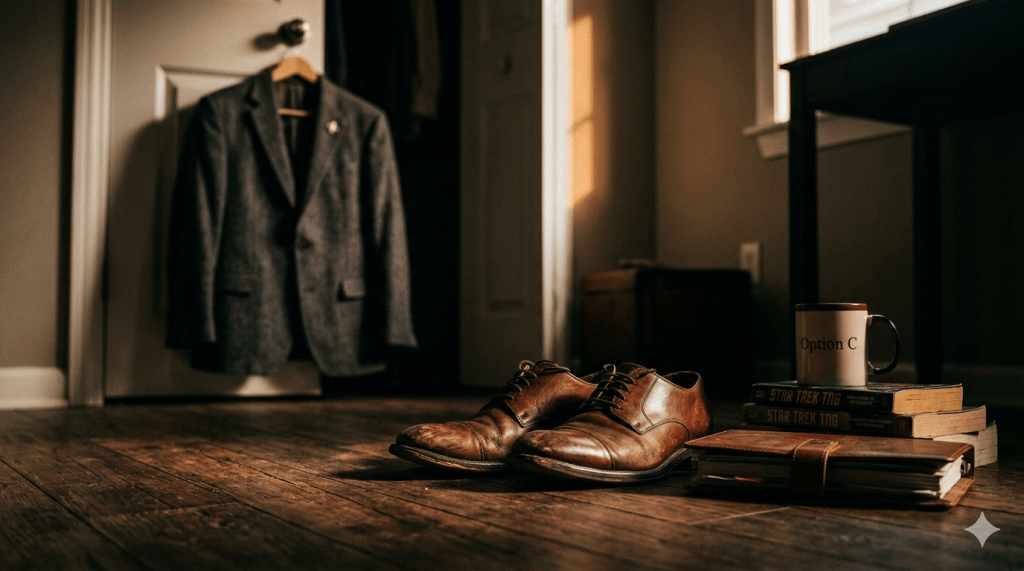 A cinematic, low-angle shot of a dimly lit room at dawn. In the foreground, a pair of well-worn, scuffed brown leather dress shoes sit on a dark hardwood floor, showing the visible wear of years of service. To the right, a small stack of books—including titles that nod to Star Trek—rests next to a weathered leather journal and a coffee mug labeled "Option C." In the soft-focus background, a grey tweed blazer, or "Teacher Armor," hangs on the back of a door, illuminated by a sliver of warm morning light hitting the wall. The atmosphere is quiet, reflective, and heavy with the theme of quiet sacrifice.