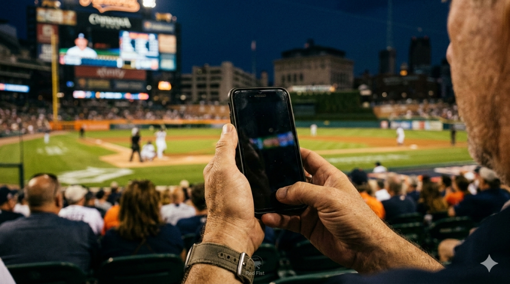 First-person view of a person holding a smartphone with a blank, dark screen at a night baseball game. The background shows a brightly lit professional baseball stadium and a crowd of fans, emphasizing the theme of experiencing a moment directly rather than recording it.