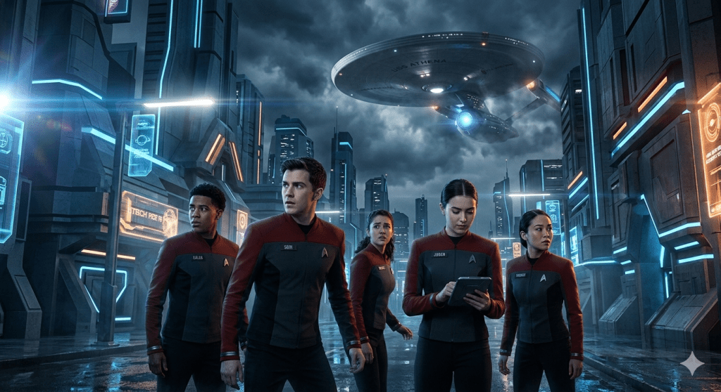 A cinematic sci-fi scene from Star Trek: Starfleet Academy. Five young cadets in dark grey and red uniforms stand on a rain-slicked futuristic street at night. They appear wary and defensive. Behind them, massive, illuminated buildings tower into a dark sky, where a Federation starship is visible, descending with glowing nacelles through the clouds.