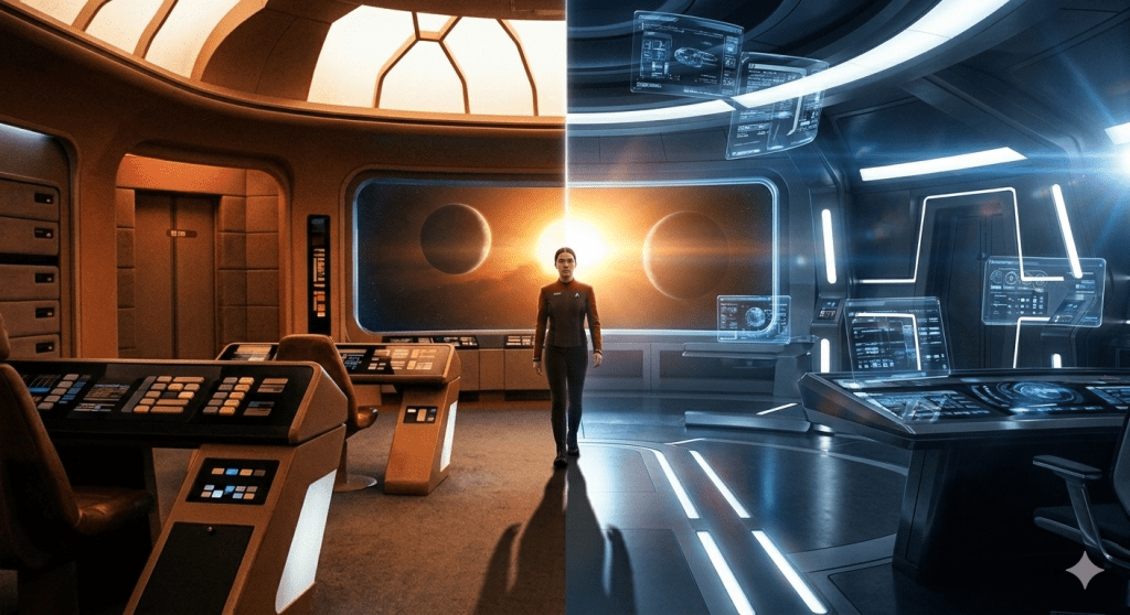 A cinematic split-screen photo of two different Starfleet bridges. On the left, a classic, warm-lit bridge with blocky consoles. On the right, a sleek, blue-lit modern bridge with floating holographic displays. In the center, a Starfleet officer in a 32nd-century command uniform stands looking forward. The viewscreen shows two silhouetted planets against a vibrant orange and purple setting sun, symbolizing the transition of eras.