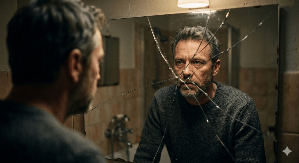 A moody, raw photograph of a middle-aged man with short, graying hair, wearing a dark sweater, looking intensely and reflectively into a deeply cracked bathroom mirror in a dimly lit setting. Large cracks fragment his reflection, visualizing the concept of exposing difficult truths about oneself and the distortion of past anger.