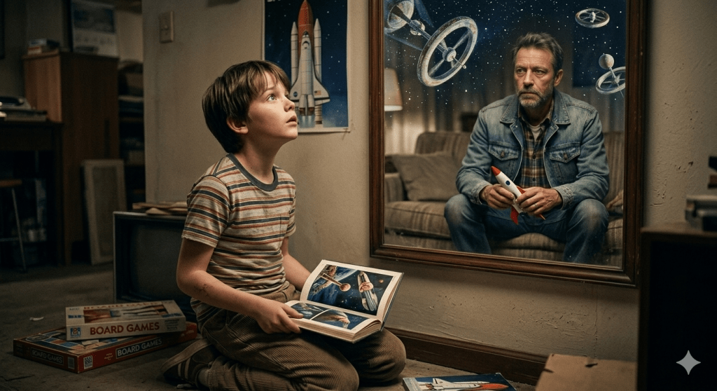 A cinematic double-exposure photograph. On the left, a 10-year-old boy in a 1980s-style striped shirt looks up in awe at a retro-futuristic space colony in the stars. On the right, reflected in a dark wooden mirror, is a 51-year-old man (the boy’s future self) sitting on a couch in a dimly lit living room, holding a small toy rocket and looking back at the boy with a mix of wisdom and melancholy.