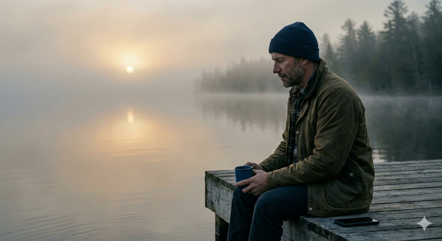 Man sitting alone on a peaceful, foggy lake dock at sunrise, symbolizing Option C, finding indifference after a relationship ends, and choosing peace over drama.