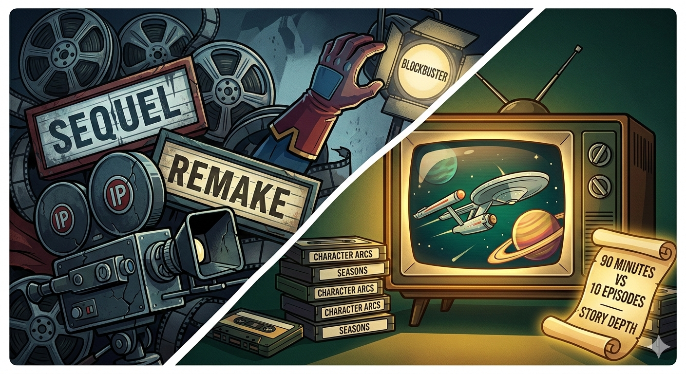 A dynamic illustrative graphic comparing modern movies and classic television. The image is split diagonally: the top-left section depicts dark, cluttered Hollywood film reels and decaying 'sequel' marquees; the bottom-right section shows a warm, retro television set displaying a starship, surrounded by glowing stacks of tapes labeled 'character arcs' and 'seasons,' symbolizing story depth.
