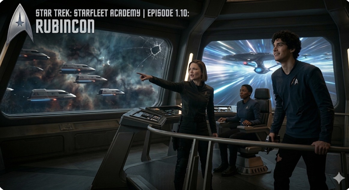 A cinematic promotional image for Star Trek: Starfleet Academy Episode 1.10, titled “Rubincon.” The scene is set on the dimly lit, battle-damaged bridge of the USS Athena. A determined woman in a black tactical uniform points toward a large viewscreen showing several shuttlecraft and a massive Federation starship dropping out of warp with brilliant blue light streaks. In the foreground, a young man in a blue Starfleet uniform looks toward the screen with an expression of relief and hope. The top-left corner features the Starfleet delta insignia and the episode title text.