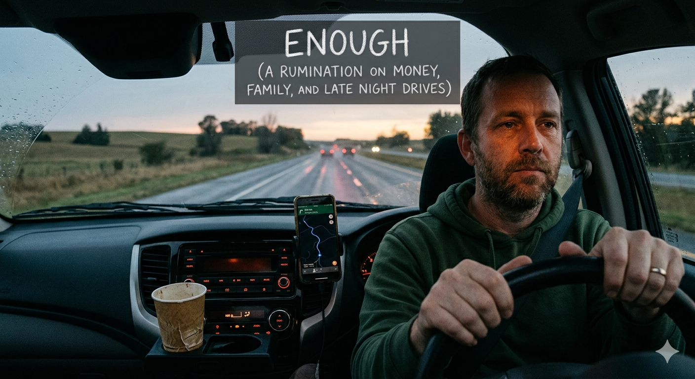 A man with a tired but determined expression drives a car during the early morning hours. The dashboard is dimly lit, showing a GPS navigation screen and a paper coffee cup in the holder. Outside the windshield, a long, wet highway stretches into the distance under a gray, overcast sky. A text overlay in the corner reads: "ENOUGH (A RUMINATION ON MONEY, FAMILY, AND LATE NIGHT DRIVES)."