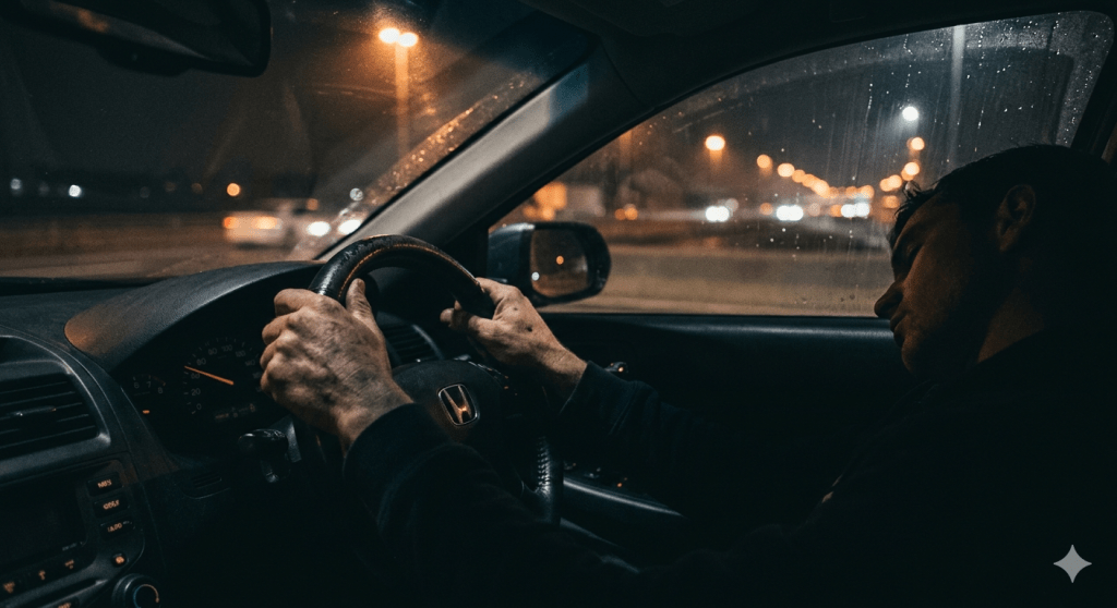 A low-light photo taken from the back seat of a moving car at night. The primary focus is on the worn hands of the male driver, illuminated only by the faint light of the dashboard and blurred orange streaks of passing highway lights through the windshield. His expression is one of tired but focused concentration. In the foreground, the silhouette of a young adult, completely asleep and slumped over, is visible in the passenger seat, emphasizing the theme of silent protection.