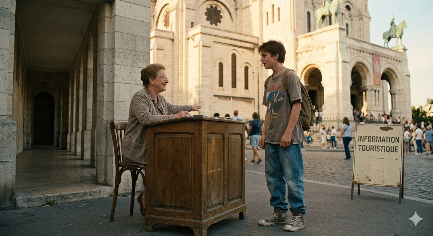 A warm, cinematic photograph capturing a scene from 1990 outside the Sacré-Cœur Basilica in Paris. An older French woman with a kind smile sits behind a rustic wooden information booth. She is looking up at a sixteen-year-old American teenager with a backpack and a slightly embarrassed expression, who has just finished speaking. The grand, creamy stone facade of the church is visible in the background under soft, late afternoon sunlight, evoking a memory that has stayed with the speaker for decades.