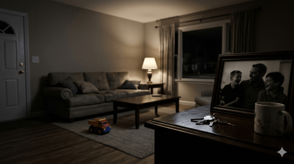 A dimly lit, quiet living room at night. Residual items like a scattered throw pillow and a single toy truck sit on the rug, contrasting with the empty space. In the foreground, focused light highlights a set of keys and a framed photo of a father and two sons laughing together, capturing the silent aftermath of a busy family weekend.