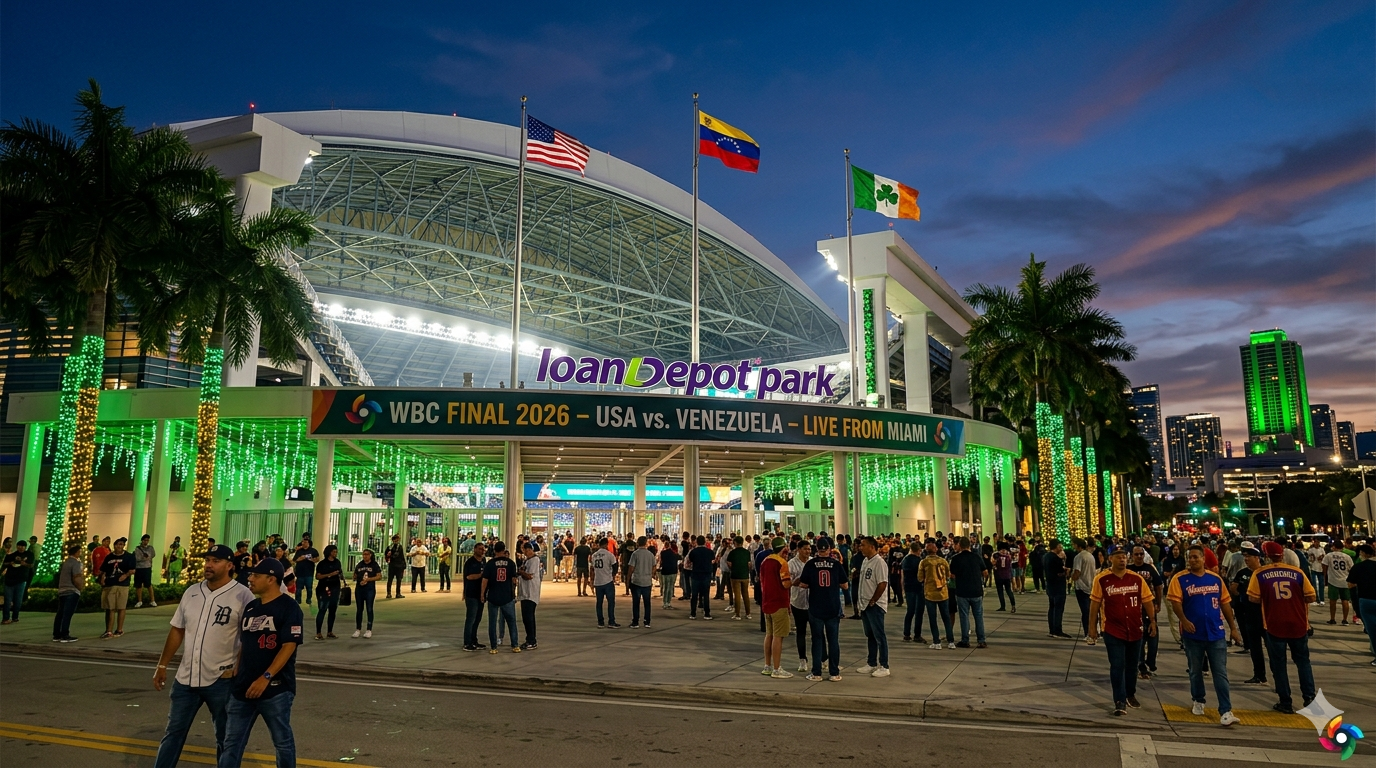 A twilight photograph of the main entrance plaza of loanDepot park in Miami, decorated for St. Patrick's Day 2026. A large banner hangs above the stadium entrance reading "WBC FINAL 2026 - USA vs. VENEZUELA - LIVE FROM MIAMI." A diverse crowd of fans is shown wearing Detroit Tigers, Team USA, and Team Venezuela jerseys, with some wearing green. The flags of the USA and Venezuela are flying alongside a St. Patrick's Day flag. The distant Miami skyline is visible, with one building glowing green. The electric atmosphere captures the anticipation before the final game.