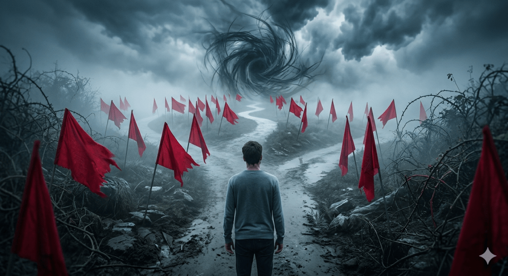 A lone figure stands on a foggy path, turning their back on a line of bright red flags that lead toward a chaotic vortex, illustrating the theme of "The Selfishness of a Blind Eye" and the consequences of ignoring warning signs.
