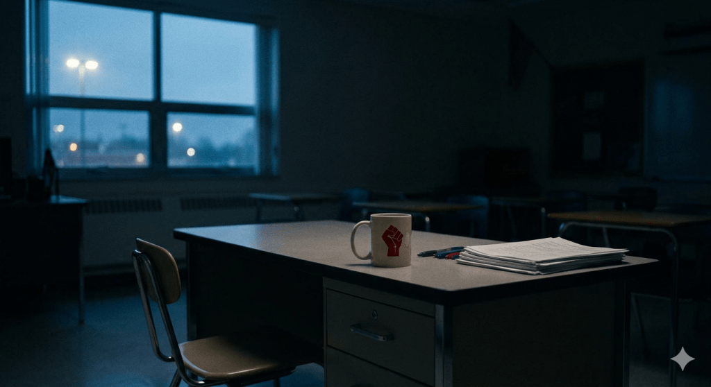 A cinematic photograph taken at dusk inside an empty high school classroom. The room is dimly lit, illuminated primarily by a muted, blueish glow spilling in from a large window on the left. On a teacher’s desk in the foreground, a ceramic coffee mug displaying a red fist logo sits next to a stack of ungraded papers. A single chair is pushed slightly back, empty, emphasizing the silence.