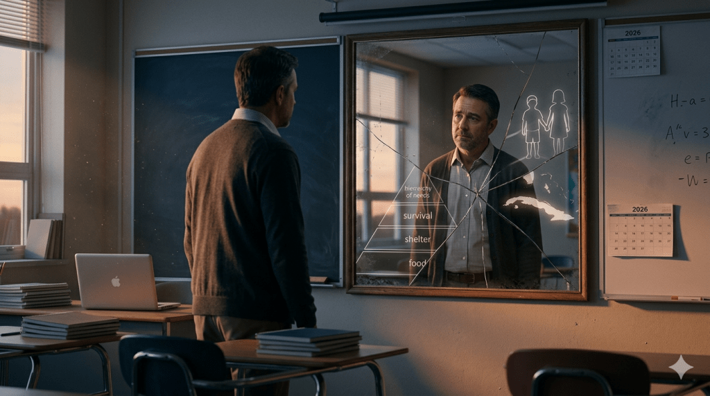 A conceptual photograph of a pensive male teacher looking into a large, fractured mirror in an empty classroom. The mirror is cracked into sections that reveal metaphorical images superimposed over the teacher's reflection: an abstract Maslow's Hierarchy diagram focusing on "survival," a silhouette of two children holding hands, and a subtle silhouette of Cuba. An Apple laptop rests on a nearby desk. The scene is lit by warm natural window light.