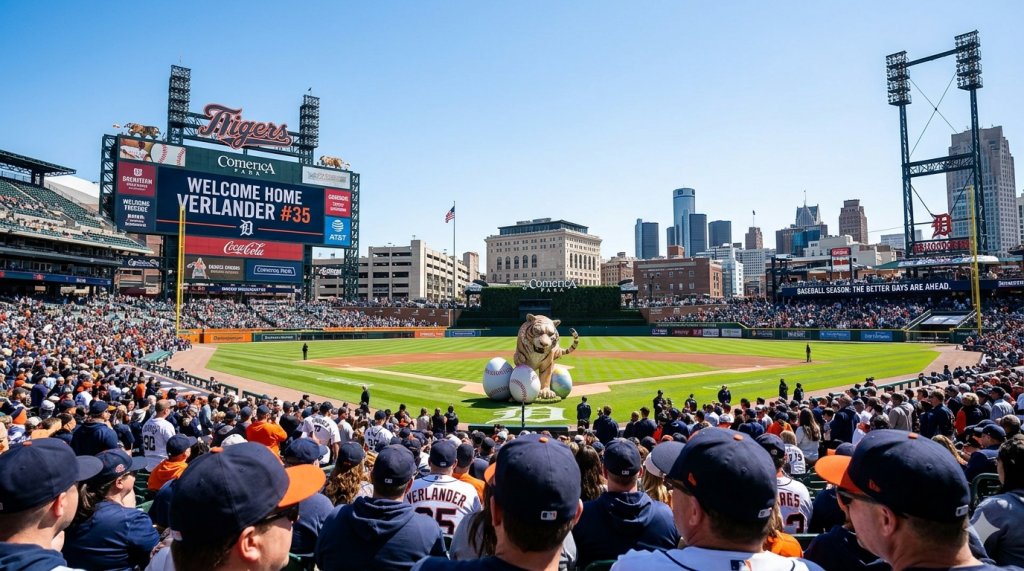 A wide-angle landscape shot from inside Comerica Park on a sunny day. Fans in Detroit Tigers gear fill the seats, looking toward the large scoreboard which reads 'WELCOME HOME VERLANDER #35.' The Detroit skyline is visible in the background, and baseball-themed Easter eggs are subtly placed near the Tiger sculpture.