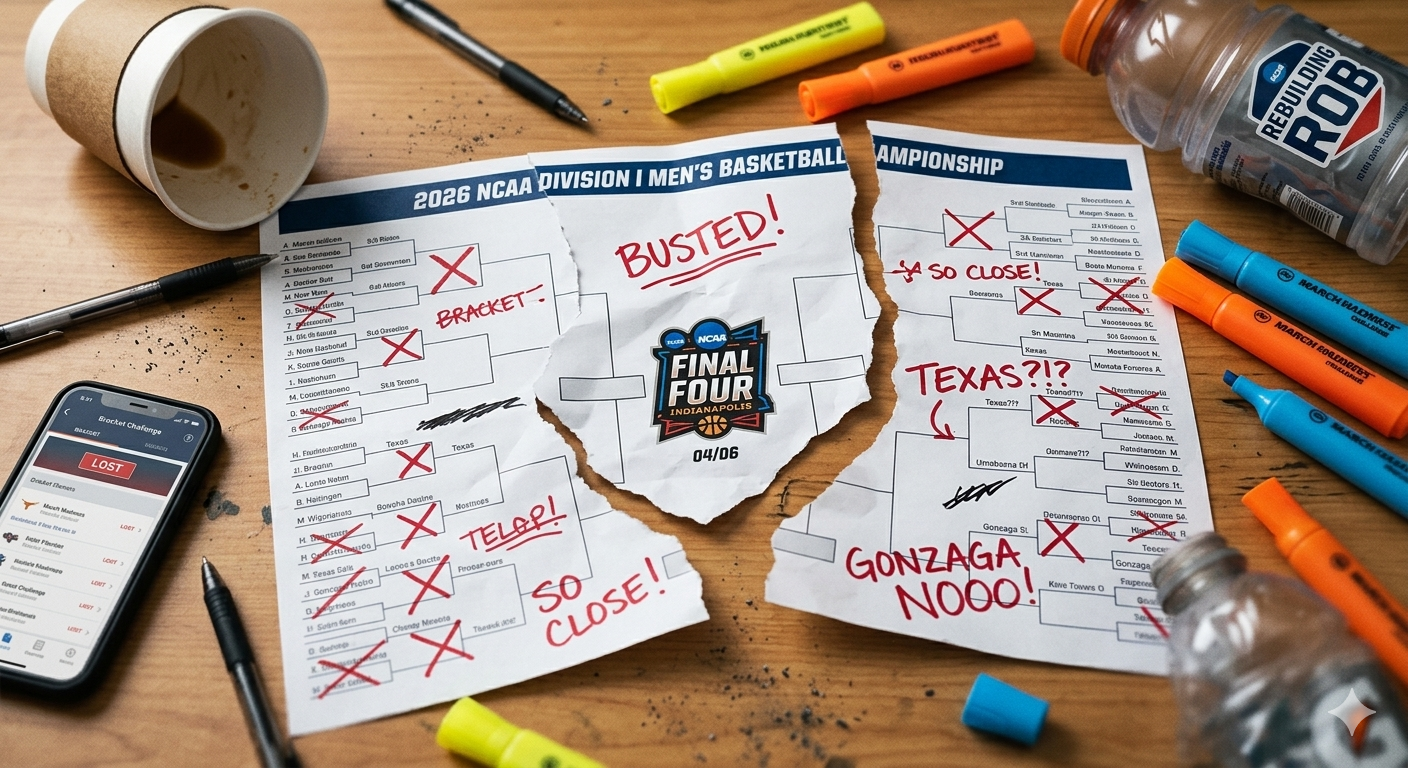 A photograph capturing the chaotic scene of a 'busted bracket' aftermath upon a wooden desk, featuring crumpled, torn pieces of a printed 2026 March Madness bracket marked heavily with red ink 'X' symbols, angry handwritten notes like 'BUSTED!', 'TEXAS?!?', and 'GONZAGA NOOO!'. An empty crumpled coffee cup, several pens, highlighters, and a smartphone displaying a 'LOST' notification on a bracket challenge app are scattered around. A crumpled sports drink bottle with a 'REBUILDING ROB' sticker is also visible. The focus is sharp on the dynamic composition of torn paper fragments.