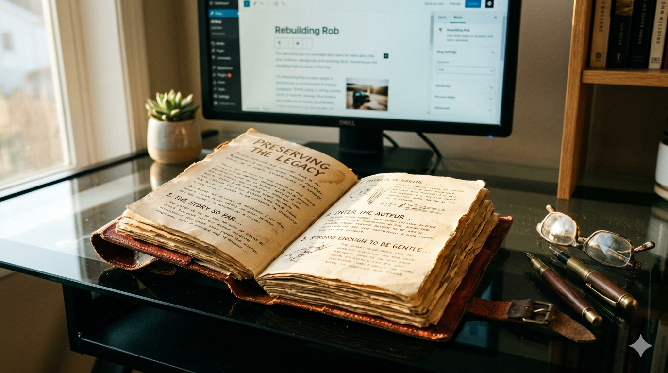 A vintage leather journal sits open on a sleek, modern desk, illuminated by warm sunlight, with a digital computer screen blurred in the background, representing the preservation of personal history.