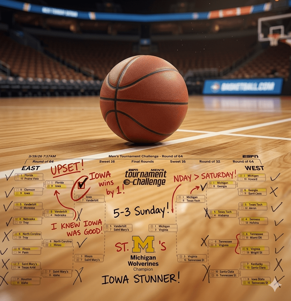 A sharp, close-up photograph of a basketball resting on a gleaming hardwood court floor. The scene is illuminated by focused arena lighting, and subtle, integrated floor decals show key brackets from St. John's and Iowa, symbolizing a return to game intensity and bracket recovery for Day 4 of the 2026 tournament.