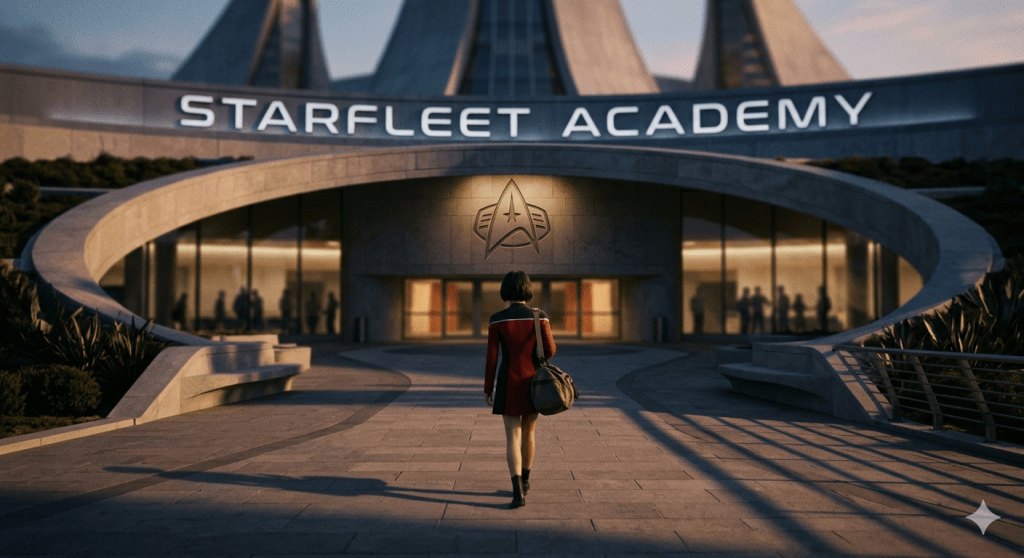 A lone Starfleet Academy cadet, carrying a duffel bag, walks away from the massive entrance of the futuristic 32nd-century campus at dusk. The words "Starfleet Academy" and the iconic delta emblem are faintly visible in the shadowing architecture above. The mood is somber and reflective.