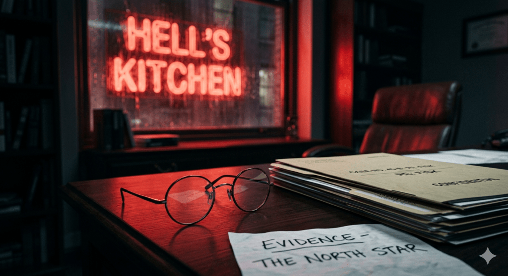 A cinematic, high-contrast shot of a dark wooden desk in a law office. A pair of round, black-framed glasses sits next to a legal file labeled "RE: FISK." A handwritten note in the foreground reads "EVIDENCE – THE NORTH STAR." Through the window, a bright red neon "HELL’S KITCHEN" sign casts an intense crimson light across the desk.