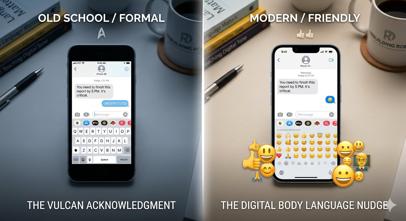 A side-by-side comparison of a formal "Understood" text message and a friendly 🫡 emoji, set against a clean digital background.