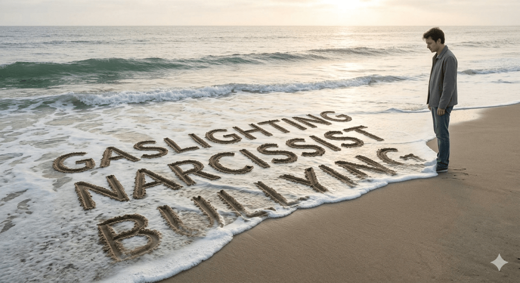 A thoughtful man stands on a wet sandy beach as an ocean wave washes away the words "GASLIGHTING" and "BULLYING" which are deeply carved into the shore. The letters dissolve into generic sand and foam, representing the watering down of meaningful language.