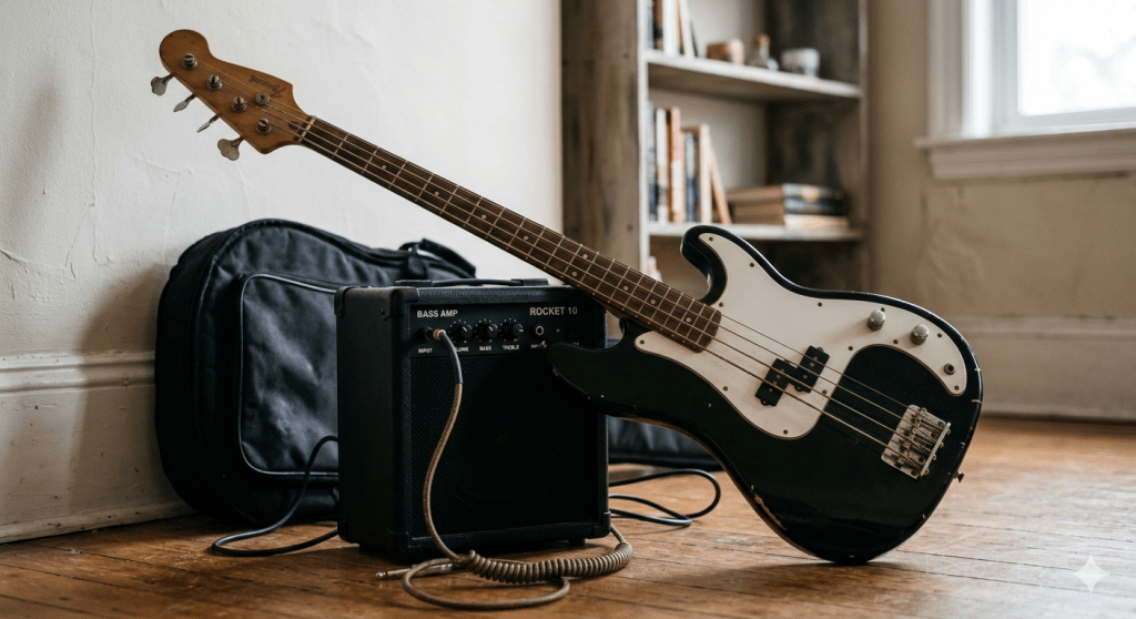 A close-up of a well-worn black and white bass guitar resting against its small practice amplifier. The strings are slightly aged, and the vinyl gig bag is visible in the background, capturing the quiet potential of a hobby waiting to be rediscovered.
