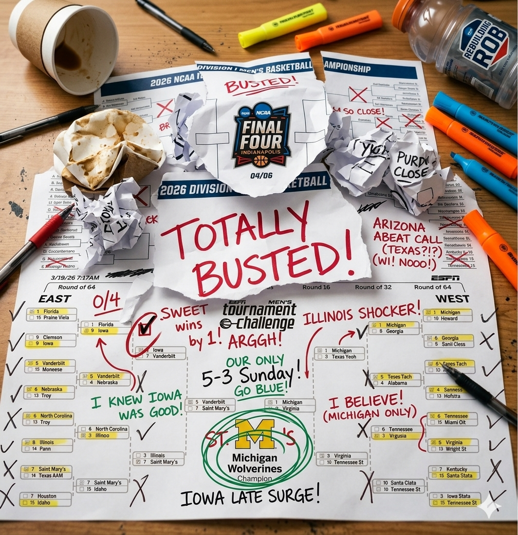 A top-down view of a messy wooden desk covered in 2026 NCAA March Madness bracket papers. The central bracket is torn and crumpled with "TOTALLY BUSTED!" written in large red marker across the middle. Numerous red "X" marks cover the team names, alongside frustrated handwritten notes like "ARGGH!" and "TEXAS?!?". A coffee cup, orange and yellow highlighters, and a "Rebuilding Rob" water bottle are scattered around the papers. A "Michigan Wolverines Champion" logo at the bottom is circled in green marker, representing the only remaining hope.