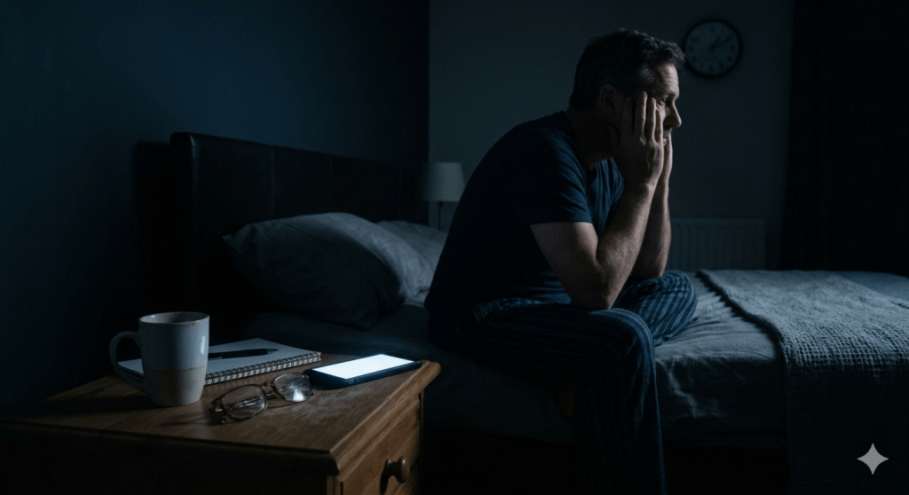 A moody, cinematic photograph of a dark bedroom at night. In the foreground, a smartphone rests on a nightstand, its screen casting a soft blue glow. In the shadowed background, a man sits pensively on the edge of the bed, head in his hands, reflecting the solitude of the "Sleepless Knight."