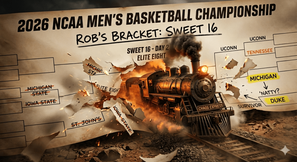 A dramatic, cinematic photograph literalizing a "March Madness bracket train wreck." A detailed vintage steam locomotive, labeled "Chaos Express" and emitting smoke, crashes head-on into a large scroll of paper labeled "2026 NCAA Men's Basketball Championship: Rob's Bracket: Sweet 16." The section for "Sweet 16 - Day 2" is actively shredded by the train. The names "Michigan State," "St. John's," and "Iowa State" are clearly crossed out in thick red marker among the debris. In the remaining intact section on the right, "UCONN" and "TENNESSEE" remain, while "MICHIGAN" and "DUKE" are prominently highlighted in yellow. Text below Michigan reads "'NATTY?'" and text below Duke reads "SURVIVOR."