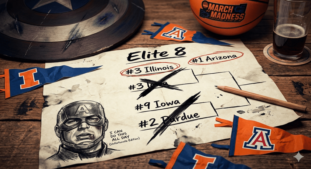 A rustic, artistic flat-lay photograph capturing the aftermath of a March Madness bracket collapse. A crumpled, ink-stained paper bracket is the centerpiece on a battle-worn wooden table. Bold, black marker slashes aggressively cross out #9 Iowa and #2 Purdue, while red ink circles #3 Illinois and #1 Arizona as winners. Scattered around the bracket are small, messy Illinois and Arizona pennant flags, an orange March Madness basketball, and a snapped pencil. Leaning against the crumpled paper is a dusty, scratched Captain America shield, symbolizing defiance in defeat. The entire image uses deep, bruised blues, scorched yellows, and charcoal greys, evoking a feeling of hard-fought battle and messy survival.