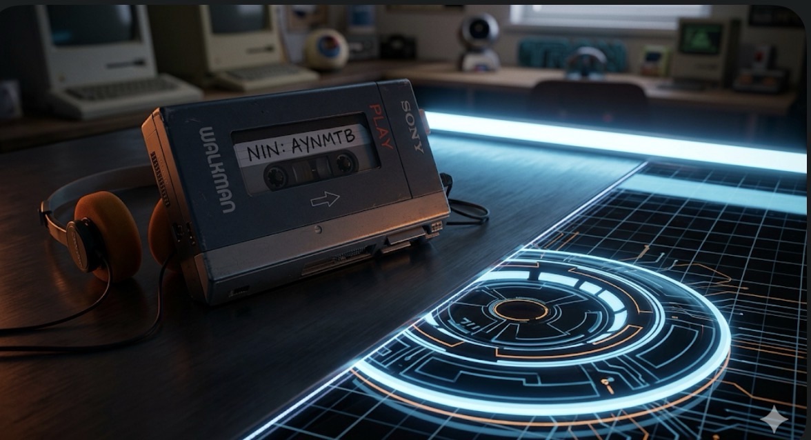 A retro personal cassette player glowing with futuristic blue and orange Tron identity disc light. The tape inside reads "NIN: AYNMTB," symbolizing the connection between 1982 and 2026.