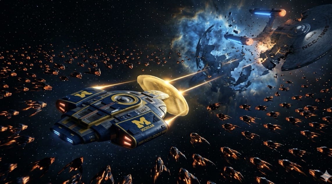 A lone starship labeled "MICHIGAN NCC-2026" in deep blue and gold is surrounded by a vast swarm of smaller UConn-branded Husky-head fighters, facing them with deflector shields up. The scene is set in deep space with a distant, exploding "Blue Devil" starburst. It is a cinematic representation of a final bracket stand.