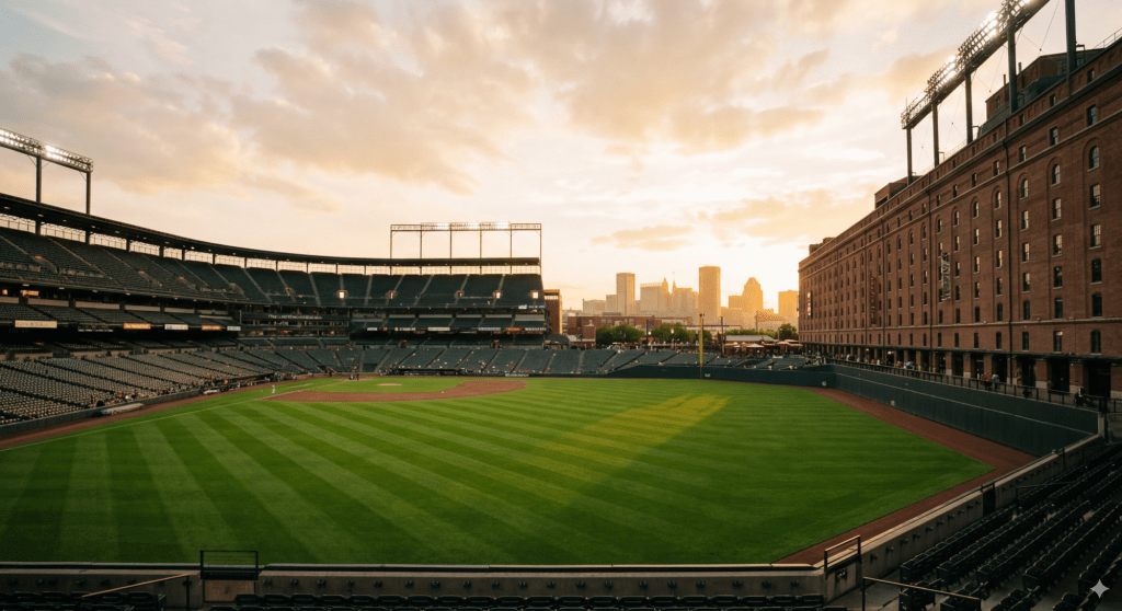 A wide, cinematic view of a Major League Baseball stadium at sunset, with the lush green field in the foreground and a city skyline visible beyond the outfield walls under a warm, glowing sky.