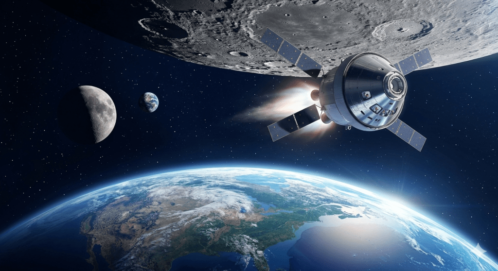 An artistic, cinematic visualization of the NASA Artemis II mission deep space launch. The photo captures the Orion crew capsule firing its service module engines as it accelerates toward the Moon, which is a massive, textured crescent in the background. Far below, the Earth is a large, vibrant blue marble, showing the full curvature of the planet and the glowing atmosphere, illustrating the unprecedented distance of the journey. Four tiny lights representing the crew are visible inside the capsule windows, pushing beyond low Earth orbit.