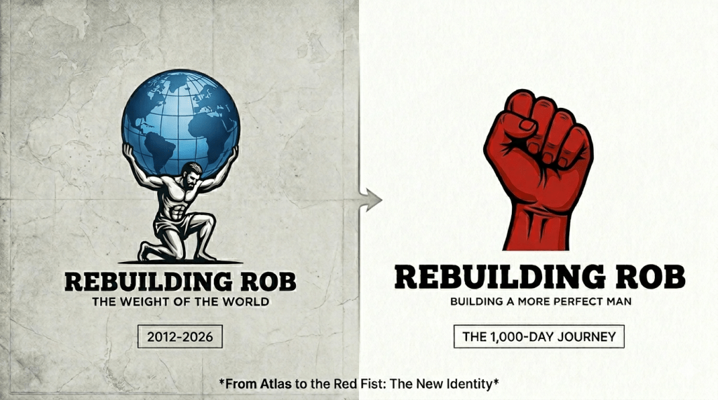 A side-by-side transition graphic. The left, grey-textured panel shows the original 'Rebuilding Rob' Atlas logo (white kneeling figure with a blue globe) marked '2012–2026'. The right, pure white panel shows the new 'Red Fist' banner logo. Overlaid text reads, "From Atlas to the Red Fist: The New Identity."