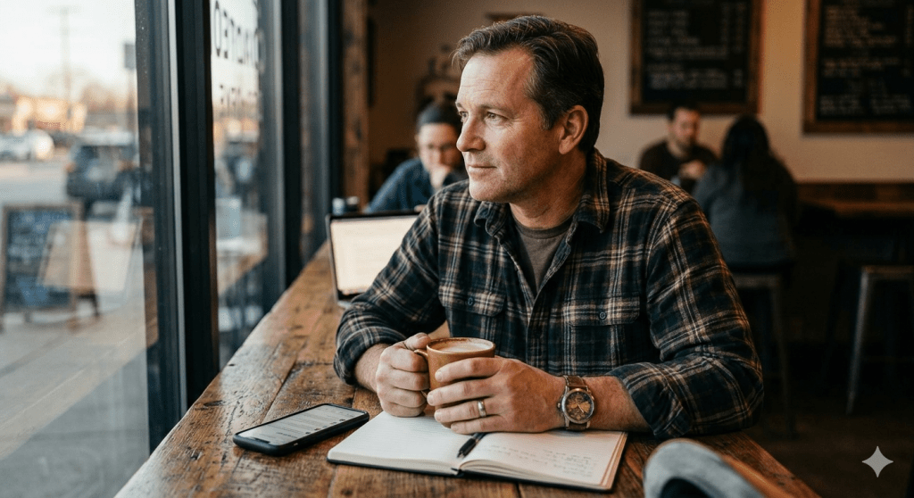 A middle-aged man stands in a warm light, looking at a cracked, ghostly reflection of a younger, anxious version of himself. He wears casual, resilient clothes, symbolizing his current "battle-tested" persona. Abstract shadows of teachers, students, and life events flow through the background, highlighting his 14-year personal evolution.