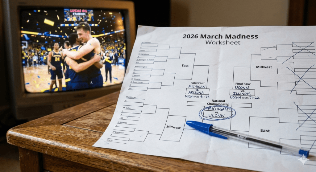 A close-up photograph of a handwritten 2026 March Madness bracket worksheet. The left Final Four slots show "Michigan def. Arizona 91-73" and "UConn def. Illinois 71-62." A blue pen rests on the paper, having just filled in "MICHIGAN vs. UCONN" in the circled National Championship lines. In the blurred background, a television shows Michigan players celebrating on court amidst confetti.